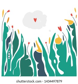 Vector trendy flat style. Cartoon floral background. Plants, leaves, trees and flowers. Unique artwork for your design