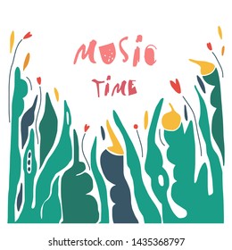 Vector trendy flat style. Cartoon floral background. Plants, leaves, trees and flowers. Unique artwork for your design.