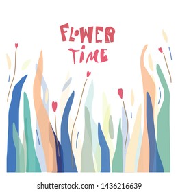 Vector trendy flat style. Cartoon floral background. Plants, leaves, trees and flowers. Unique artwork for your design.