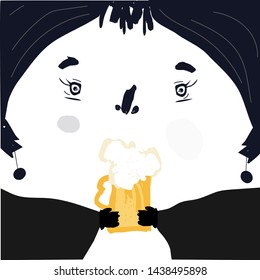 Vector trendy flat style. Cartoon abstract character. Brush, dot. Unique artwork for your design. Beer. Vector people. Oktoberfest. Woman face.