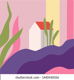 Vector trendy flat style. Cartoon building and abstract background.  Unique artwork for your design. 