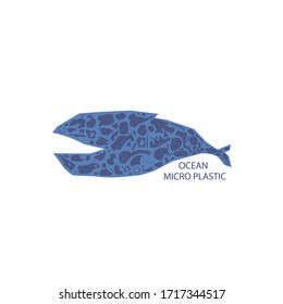 Vector a la moda estilo plano. Ballena de caricatura y plástico. Obra de arte única para tu diseño. Diseño del sitio web. Detén el microplástico del océano.