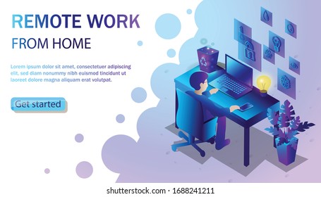 Vector trendy flat style illustration with man working at the desk with laptop. Freelance and remote work from home concept.