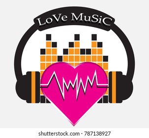 Vector trendy flat style music store logo. Headphones and heart logotype.