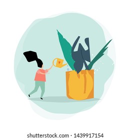 Vector trendy flat style. Vector people. Cartoon woman watering a flower in a pot.  Unique artwork for your design. 