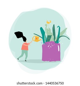 Vector trendy flat style. Vector people. Cartoon woman watering a flower in a pot.  Unique artwork for your design. 