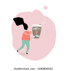 Vector trendy flat style. Vector people. Cartoon woman with cup of coffee.  Unique artwork for your design. 