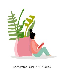 Vector trendy flat style. Vector people. Cartoon girl reading book. Flower in pot. Unique artwork for your design. 