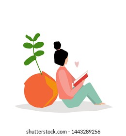 Vector trendy flat style. Vector people. Cartoon girl reading book. Flower in pot. Unique artwork for your design. 