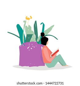 Vector trendy flat style. Vector people. Cartoon girl reading book. Flower in pot. Unique artwork for your design. 