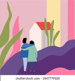 Vector trendy flat style. Vector people. Cartoon man and woman hugging. Cartoon building. Unique artwork for your design. 
