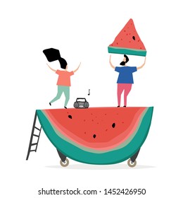 Vector trendy flat style. Vector people. Cartoon girl and boy with watermelon. Autumn harvest. Music festival. Unique artwork for your design. 
