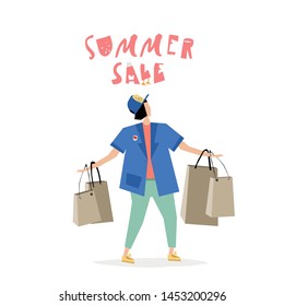 Vector trendy flat style. Vector people. Girl in the store with shopping. Summer sale. Unique artwork for your design. 