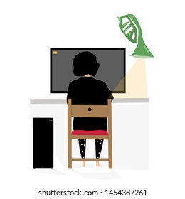 Vector trendy flat style. Vector people. Woman sitting at the computer. Workspace. Unique artwork for your design. 