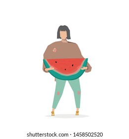 Vector trendy flat style. Vector people. Cartoon girl with watermelon. Autumn harvest. Unique artwork for your design. Vector watermelon. 