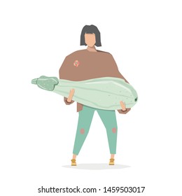 Vector trendy flat style. Vector people. Cartoon girl with zucchini. Autumn harvest. Vector vegetable. Unique artwork for your design. Vector zucchini. 