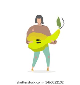 Vector trendy flat style. Vector people. Cartoon girl with pear. Autumn harvest. Unique artwork for your design. Vector pear. 