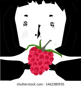 Vector trendy flat style. Vector people. Cartoon face with raspberry. Autumn harvest. Unique artwork for your design. Vector raspberry.