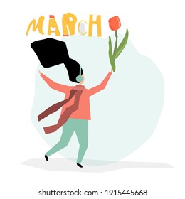 Vector trendy flat style. Vector people. Cartoon woman with flower tulip.  Unique artwork for your design. Spring time. 