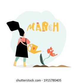 Vector trendy flat style. Vector people. Cartoon woman watering a flower tulip.  Unique artwork for your design. Spring time. 