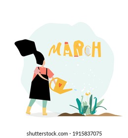 Vector trendy flat style. Vector people. Cartoon woman watering a flower tulip.  Unique artwork for your design. Spring time. 