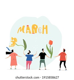 Vector trendy flat style. Vector people. Cartoon. Unique artwork for your design. Flower. Spring.