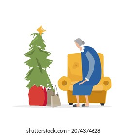 Vector trendy flat style. Vector people. Unique artwork for your design. The old lady. Grandmother. Senior citizen's day. Interior. Armchair. New year. Christmas tree.