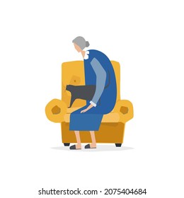 Vector trendy flat style. Vector people. Unique artwork for your design. The old lady with cat. Grandmother. Senior citizen's day. Interior. Armchair.