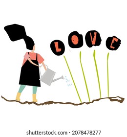 Vector trendy flat style. Vector people with flower and watering can. Unique artwork for your design. Cartoon. Gardening. Vector people. Love. Valentines day.