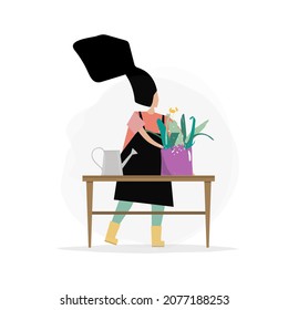 Vector trendy flat style. Vector table with flower and watering can. Unique artwork for your design. Cartoon. Tulips flowers. Spring time. Gardening. Vector people.