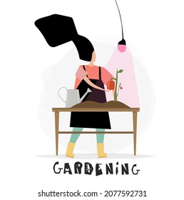 Vector trendy flat style. Vector table with flower and watering can. Unique artwork for your design. Cartoon. Vegetable pepper. Gardening. Vector people. Phyto lamp for plants. 