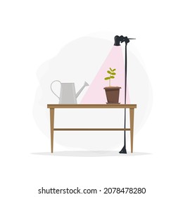 Vector trendy flat style. Vector table with flower and watering can. Unique artwork for your design. Cartoon.  Gardening. Vector people. Phyto lamp for plants. 