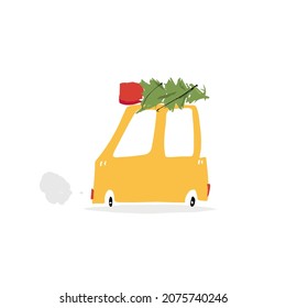 Vector trendy flat style. Vector yellow car. Unique artwork for your design. Cartoon. Christmas tree.