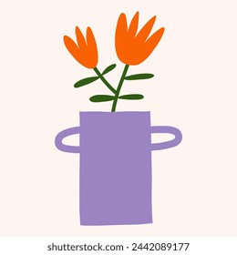 Vektor trendige florale flache Illustration. Ausgeschnittene Blumenvase. Botanischer niedlicher einfacher Clipart