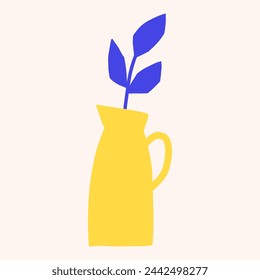 Vector trendy floral flat illustration. Cutout style plant leaf in jug. Botanical cute simple clipart