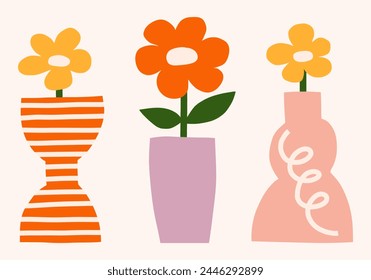 Conjunto de ilustración plana floral de moda de Vector. Flores de estilo naif en jarrones. Clipart simple lindo botánico