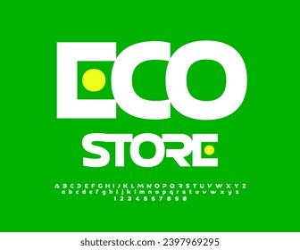 Vector trendy flyer Eco Store. Unique stylish Font. Artistic Alphabet Letters and Numbers.
