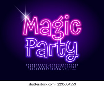 Vector trendy flyer Magic Party. Neon Alphabet Letters, Numbers and Symbols. Purple glowing Font