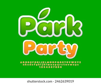 Vector trendy flyer Park Party. Bright Creative Font. Sticker style Alphabet Letters and Numbers.