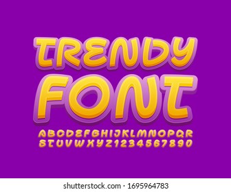Vector Trendy Font. Bright Violet and Yellow Alphabet Letters and Numbers