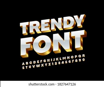 Vector Trendy Font. White and Gold 3D Alphabet. Elite shiny Letters and Number set