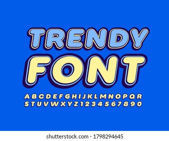 Vector Trendy Font. Yellow and Blue Uppercase Alphabet. Set of creative Letters and Numbers