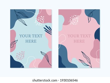 Vector trendy frames with abstract shapes and floral elements in shades of blue and pink. Template for your poster, invitation or greeting card.