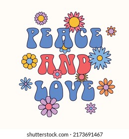 Vector trendy funny abstract retro 60s, 70s hippie groovy illustration Peace and Love with flowers for fashion art print, poster or card