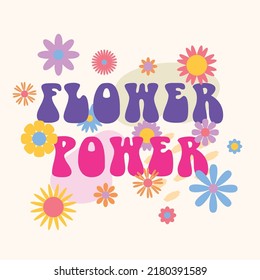 Vector trendy funny abstract retro 60s, 70s hippie groovy illustration Flower Power with flowers for fashion art print, poster or card