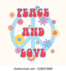 Vector trendy funny abstract retro 60s, 70s hippie groovy illustration Peace and Love with peace sign for fashion art print, poster or card