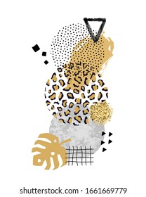 Vector trendy geometric background with marble stones, doodle textures, animal zebra and leopard print. Geometrical shapes in minimal modern style with dots and watercolor elements