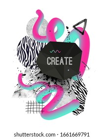 Vector trendy geometric background with marble stones, doodle textures, fluid shapes, animal zebra print. Geometrical shapes in minimal modern style with dots and watercolor elements