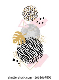 Vector trendy geometric background with marble stones, doodle textures, monstera leaf, animal zebra and leopard print. Geometrical shapes in minimal modern style with dots and watercolor elements