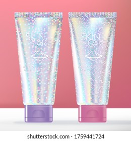 Embalaje Vector Trendy Glitter Holographic Beauty o Toiletries Tubo Empaquetado para Crema de Mano, Loción o Shampoo.